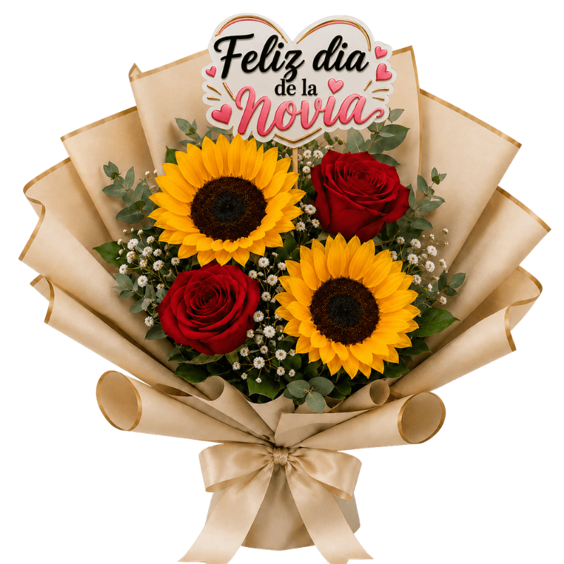 RAMO NOVIA 2 ROSAS, 2 GIRASOLES Y TOPPER - Imagen 1