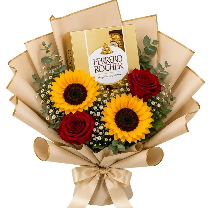 Ramo Amor amor con 2 rosas, 2 girasoles y bombones x4