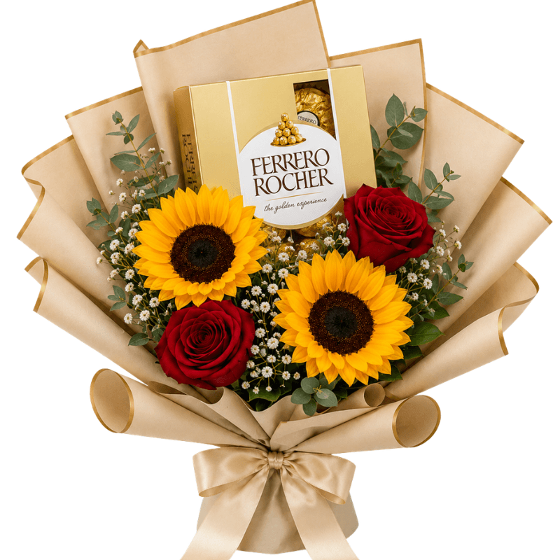 Ramo Amor amor con 2 rosas, 2 girasoles y bombones x4 - Imagen 1