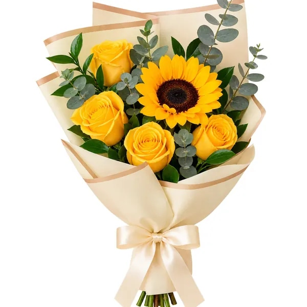 Ramo tus flores amarillas - 4 rosas y 1 girasol