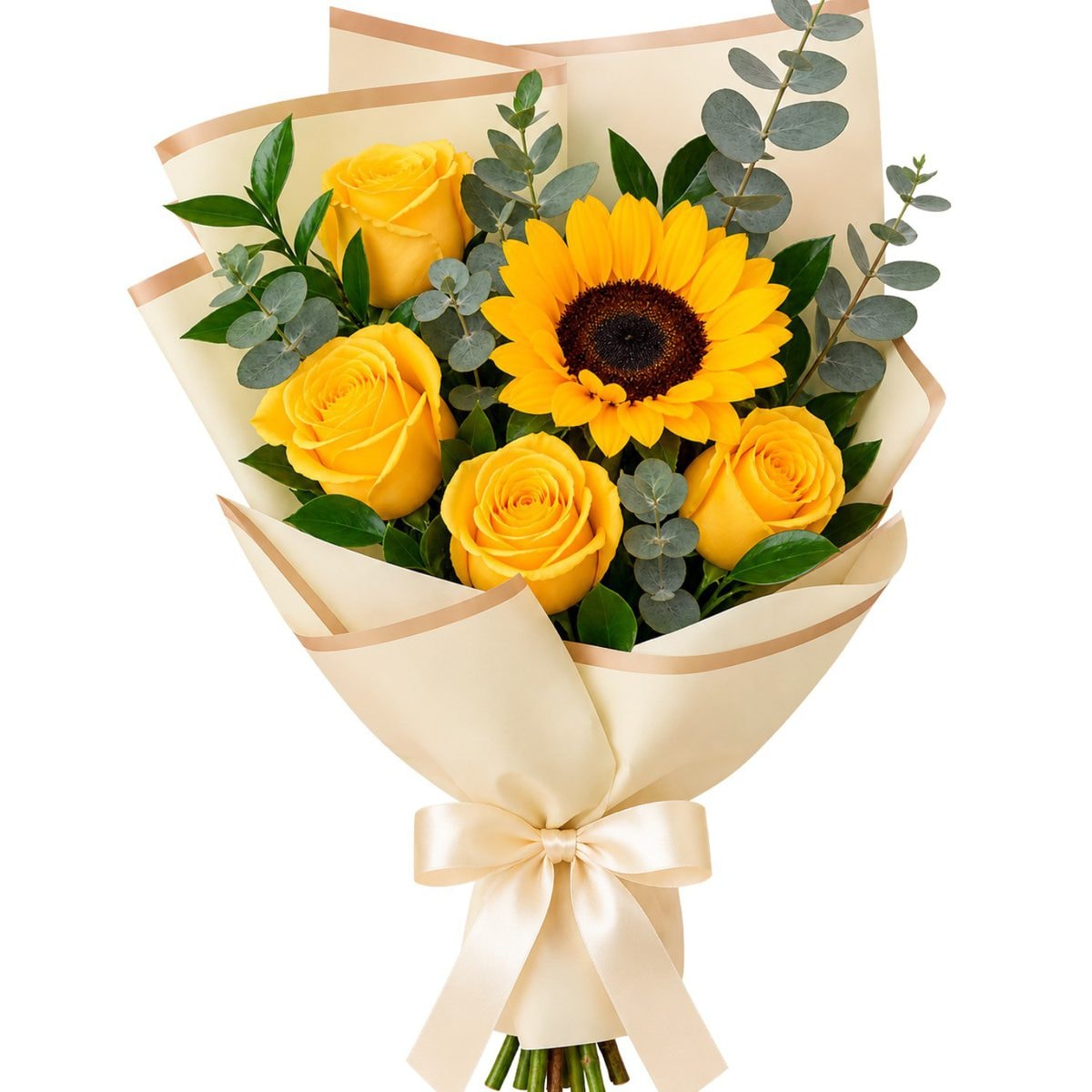Ramo tus flores amarillas - 4 rosas y 1 girasol - Imagen 1