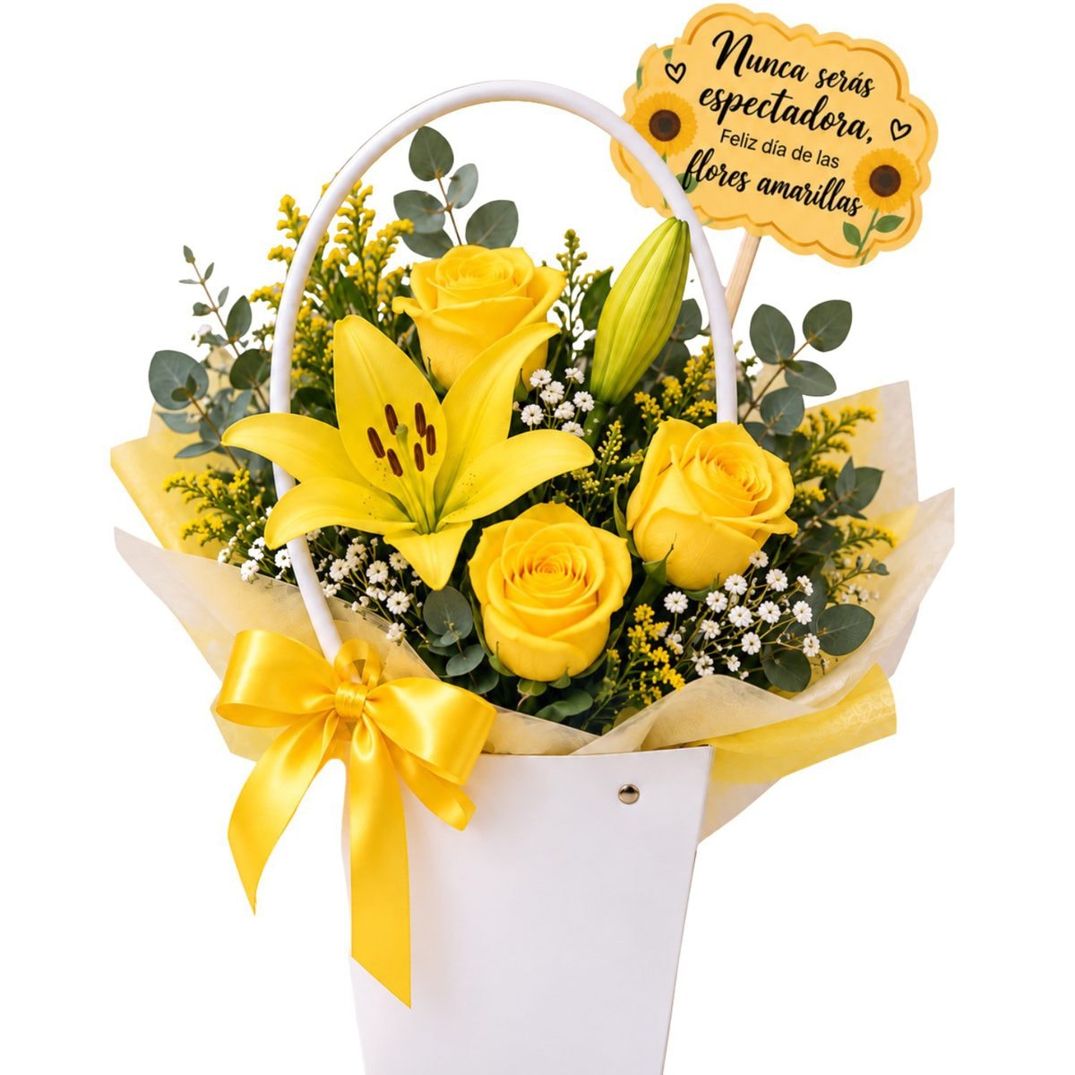 Carteras Flores Amarillas 3 rosas, 2 lilium y topper - Imagen 1