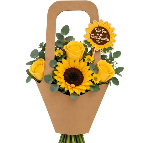 Regalo Primavera amarilla: 3 rosas, 1 girasol y topper