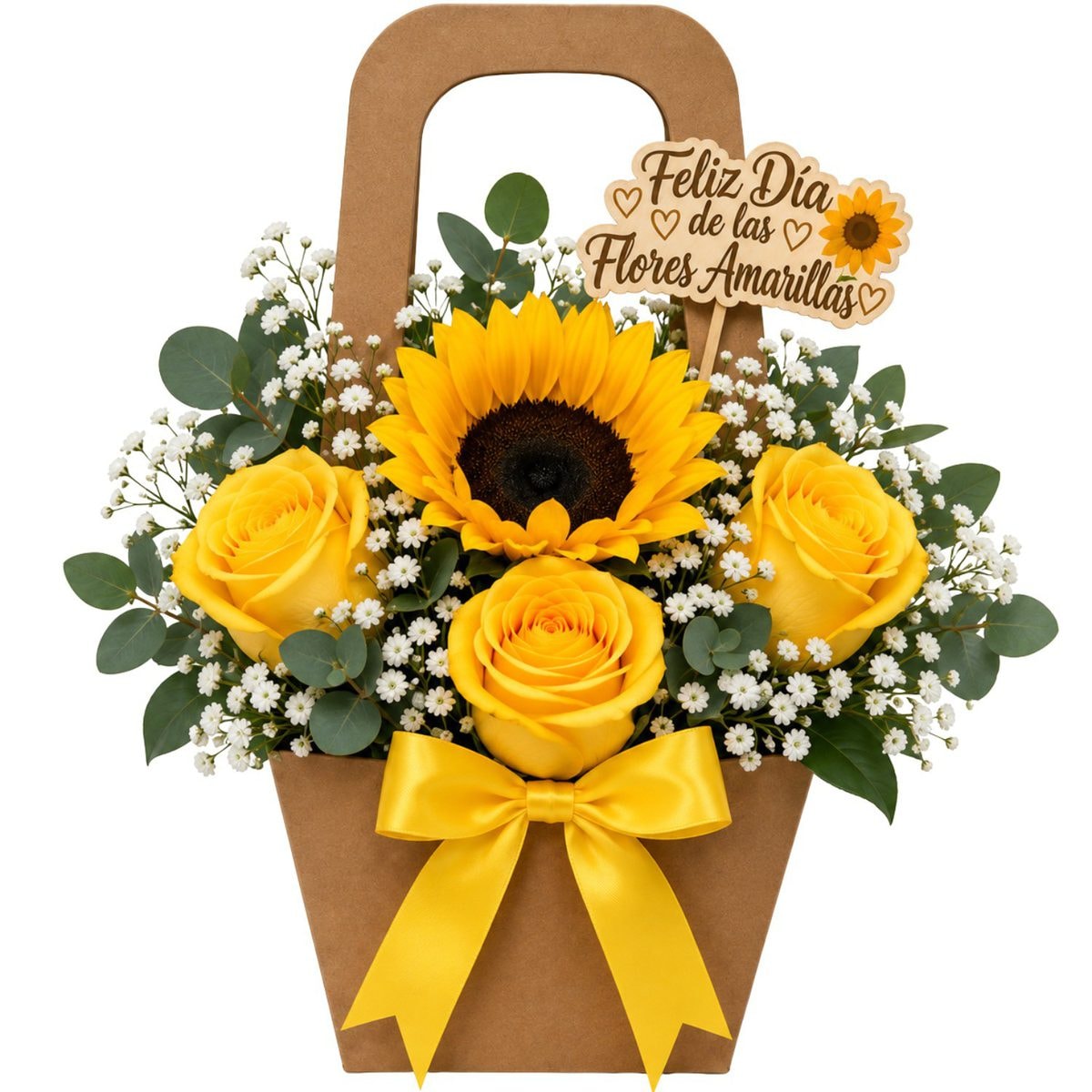 Cartera Primavera amarilla: 3 rosas, 1 girasol y topper - Imagen 1