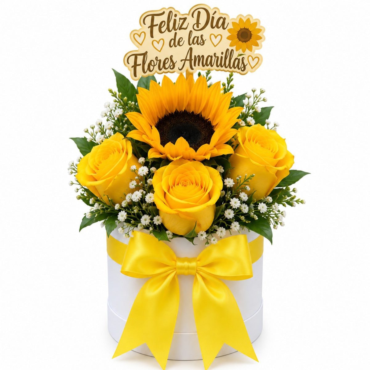 Box de flores amarillas: 3 rosas, 1 girasol y topper - Imagen 1