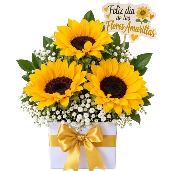 Box Flores amarillas de 3 girasoles y topper