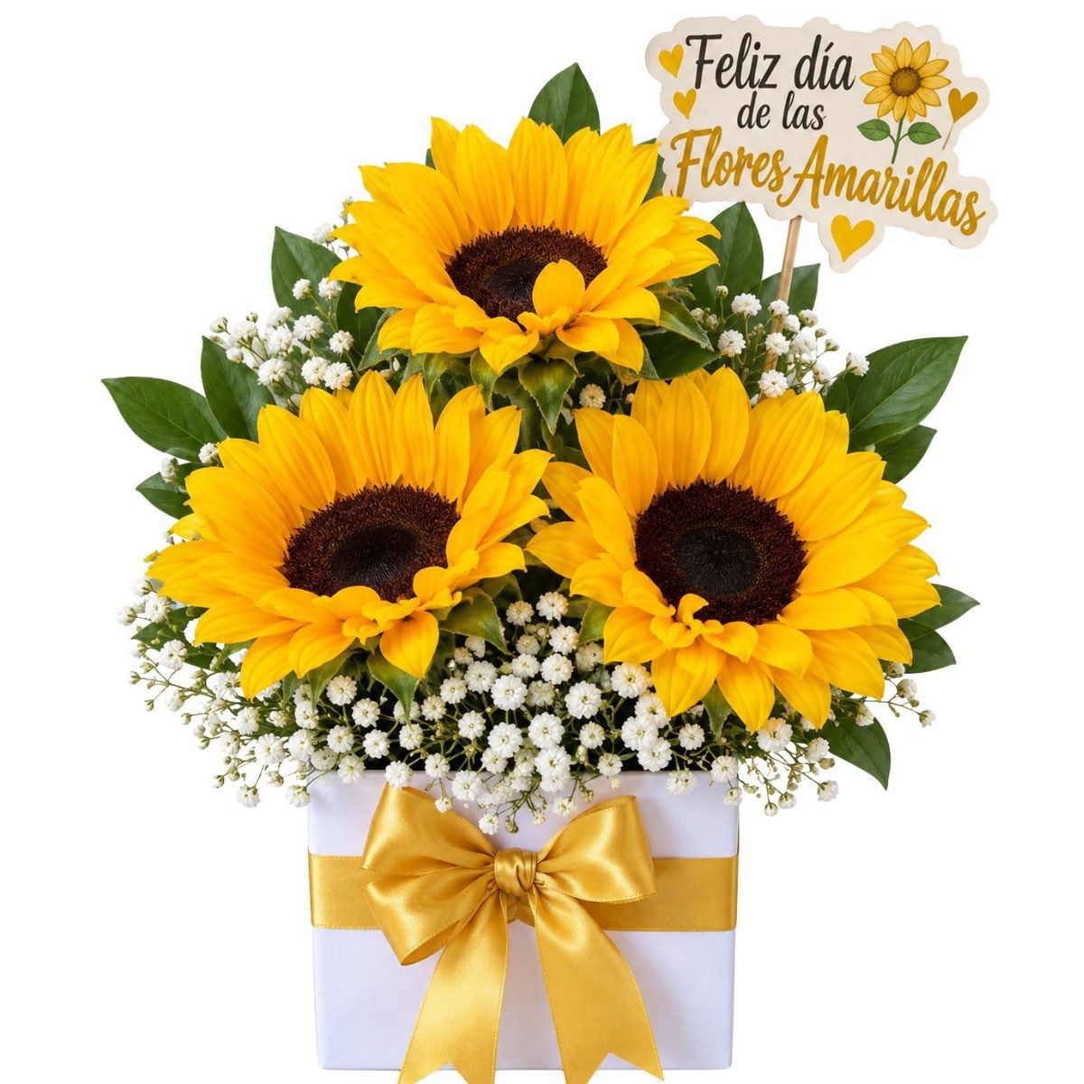 Box Flores amarillas de 3 girasoles y topper - Imagen 1