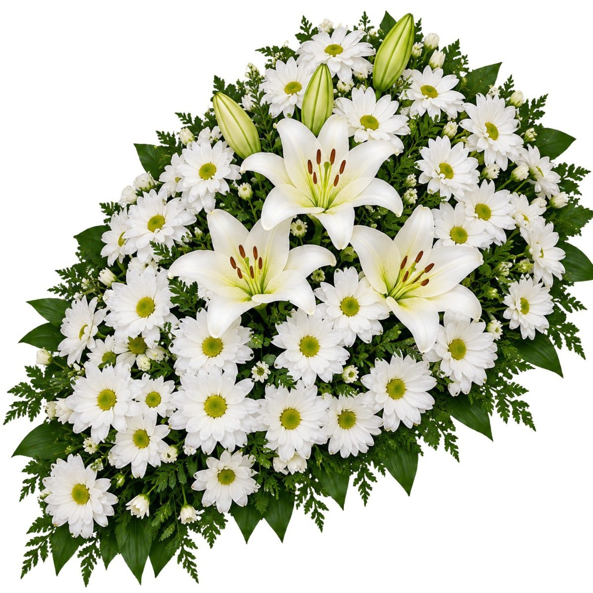 Cubre urnas Funebre con margaritas y 3 lilium - Imagen 1