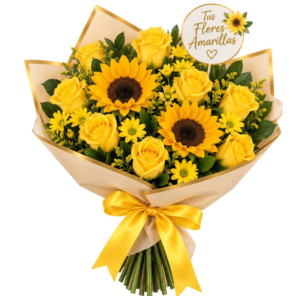 Ramo flores amarillas: 8 rosas, 2 girasoles y topper - Imagen 1