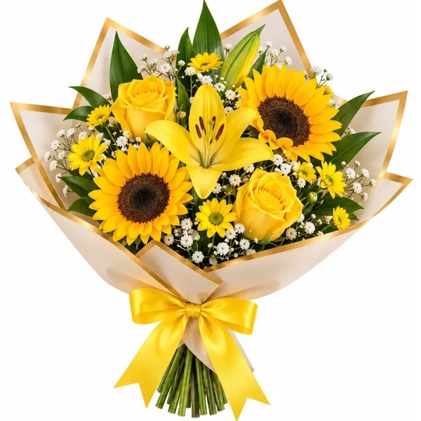 Ramo mix flores amarillas: 2 girasoles, 2 rosas y 1 lilium