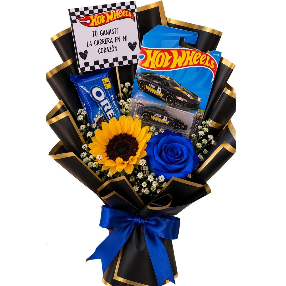 Ramo para hombres: Auto, Rosa azul, Girasol, oreo y topper - Imagen 1