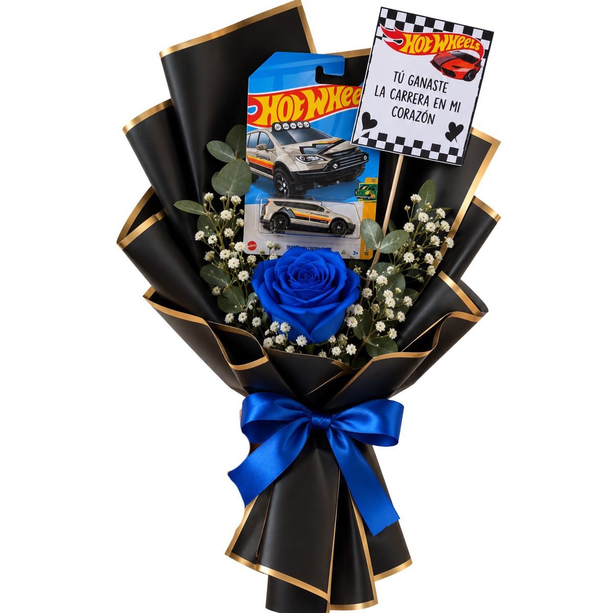 Ramo para ellos: 1 Rosa azul, auto hotwheels y topper - Imagen 1