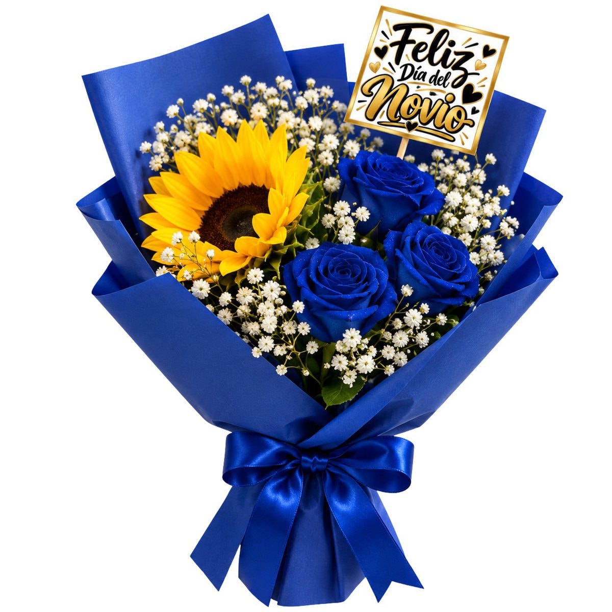 Imagen referencial generada con IA de Ramo Dia del Novio: 3 rosas, 1 girasol y topper