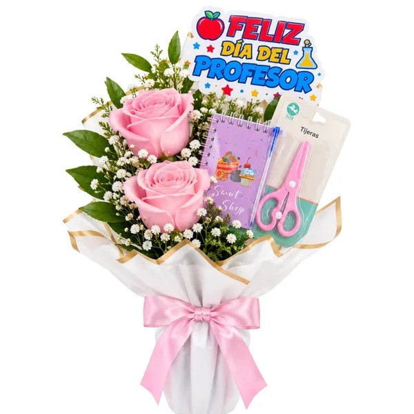 Arreglo dia del profesor: 2 rosas, 2 articulos y topper