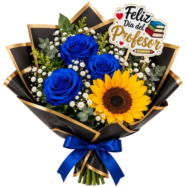 Ramo dia del profesor con 3 rosas azules, 1 girasol y topper